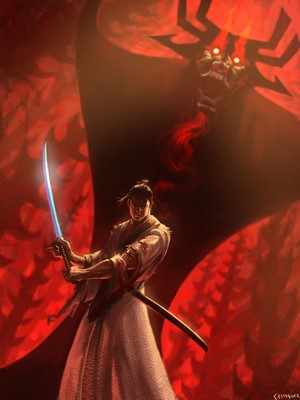 Samurai Jack facing Aku in a red void