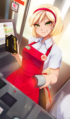 Anime cashier holding Magnum condoms at checkout