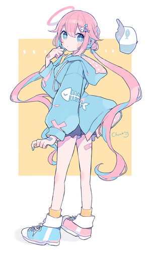 Anime girl with pink hair and blue hoodie