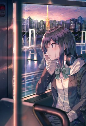 Huwali in School Uniform Watching Sunset in Cityscape