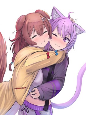 Inugami Korone and Nekomata Okayu hugging