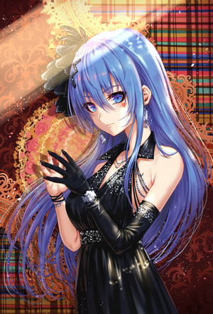 Anime girl with blue hair in a black dress