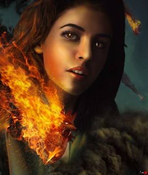 Woman with fire and smoke