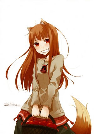 Holo from Spice and Wolf holding a basket of apples