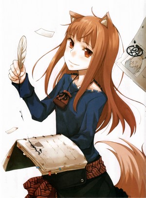 Holo from Spice and Wolf holding a quill