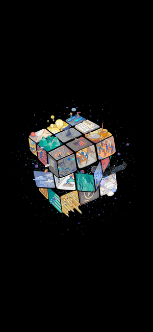 Abstract 3D cube with various scenes on its faces