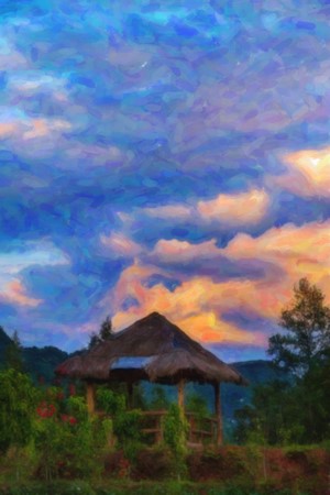 Painting of a hut under a colorful sky