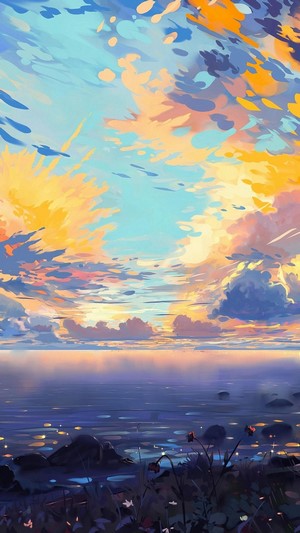 Anime style painting of a colorful sunset over the sea