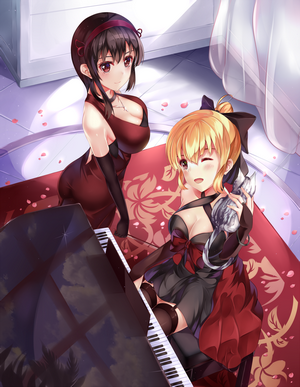Two anime girls in dresses by a piano