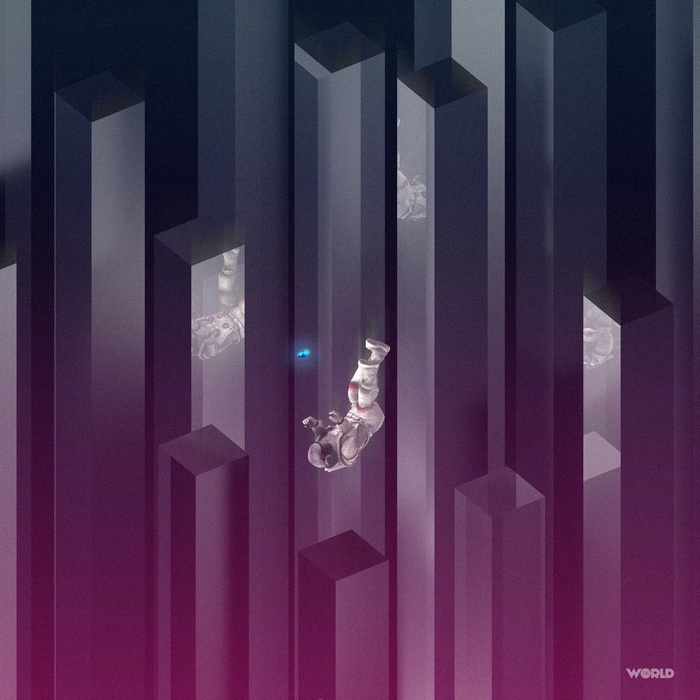 Astronauts floating among abstract structures