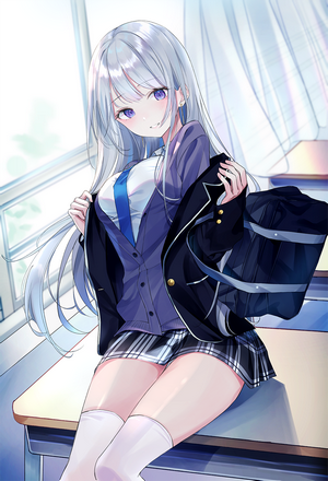 Anime girl with silver hair and purple eyes in school uniform