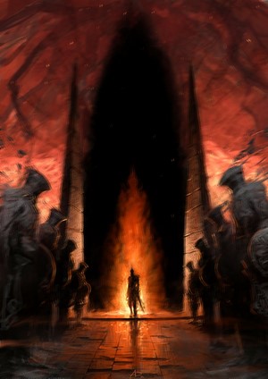 Knight in front of a fiery archway with statues