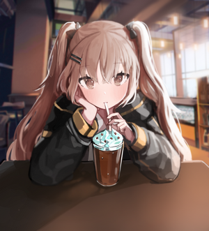 Anime girl with pigtails drinking a chocolate shake