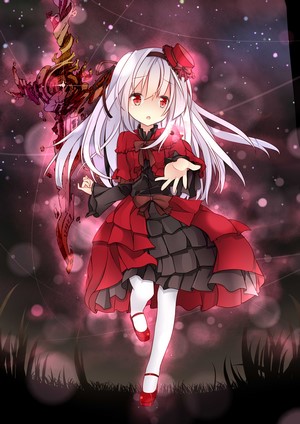 Anime girl with white hair in a red dress holding a weapon