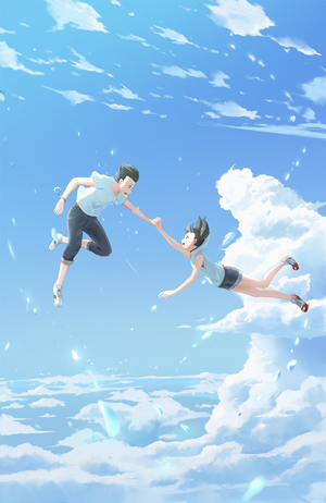 Anime couple reaching for each other in the sky