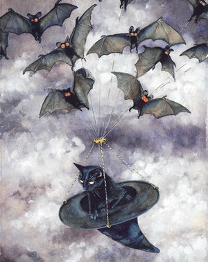 Black cat in witch hat carried by bats