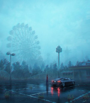 Car and Ferris Wheel in Misty Amusement Park