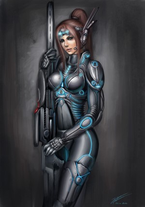 Sarah Kerrigan from StarCraft in sci-fi armor with a rifle