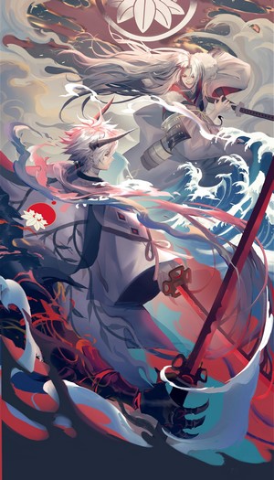 Two anime characters with swords and horns in a fantasy setting