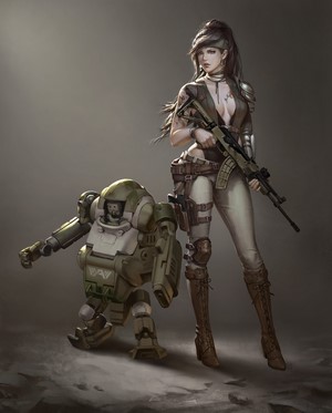 Woman with rifle and robot companion