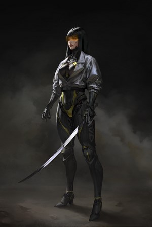 Cyberpunk woman with sword and goggles