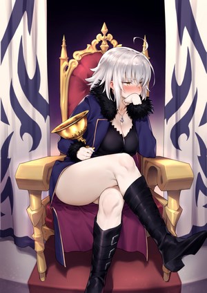 Anime girl with white hair sitting on a throne holding a golden chalice