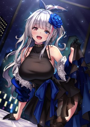 Anime girl with white hair and blue rose