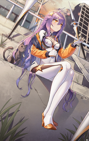Anime girl with purple hair and cat in ruined city