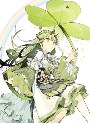 Anime girl holding a large clover with a ladybug