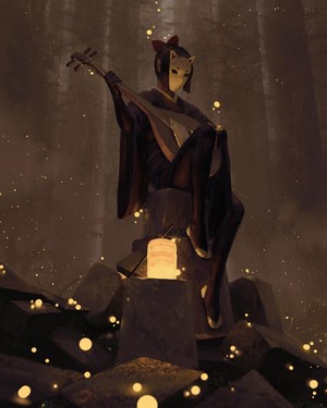 Kitsune Musician in a Forest with Fireflies