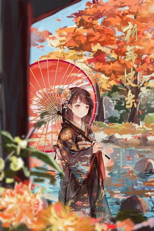 Anime girl in kimono holding a Japanese umbrella in autumn