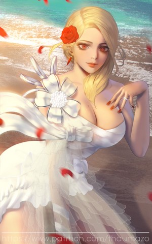 Woman in white dress on a beach with rose petals