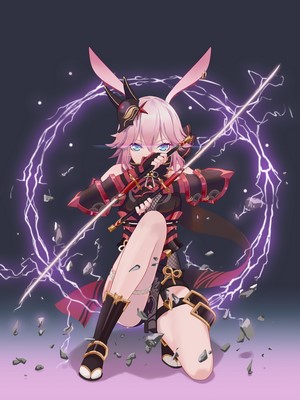 Anime girl with pink hair and bunny ears holding swords