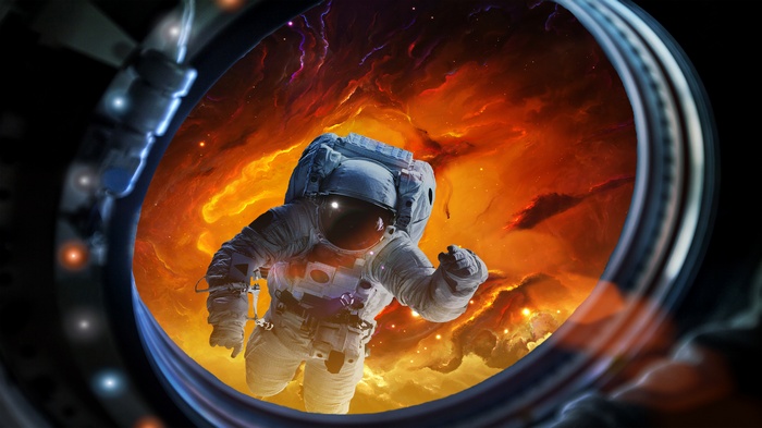 Astronaut floating in front of a colorful nebula