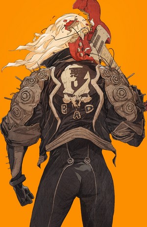 Cyberpunk character with skull jacket and guitar