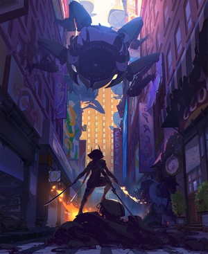 Cyborg with Katanas Fights Robot in Japanese Street