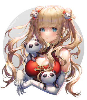 Girl with panda plushies