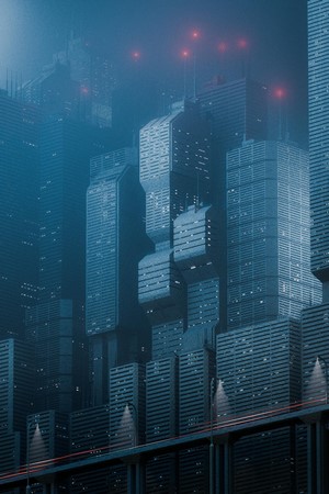 Futuristic cyberpunk cityscape with tall buildings and red lights