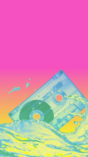 Cassette tape submerged in water with pink and yellow gradient background