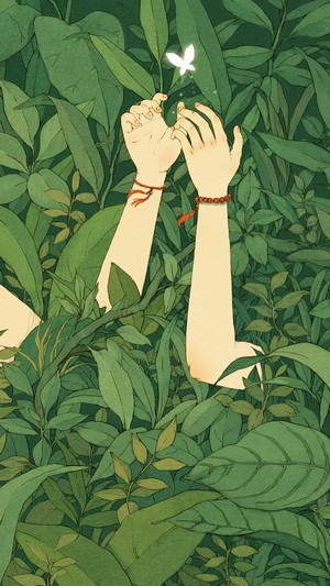 Hands reaching for a butterfly in a forest