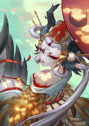 Anime girl with bird-like features and elaborate headdress