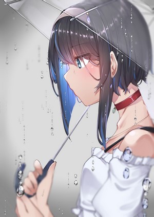 Anime girl with short hair holding an umbrella in the rain