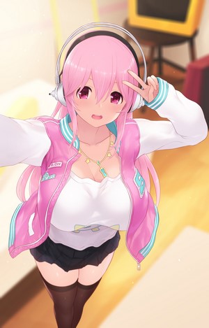 Super Sonico with headphones taking a selfie