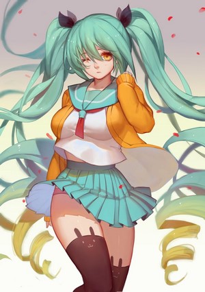 Anime girl with teal twintails and orange cardigan