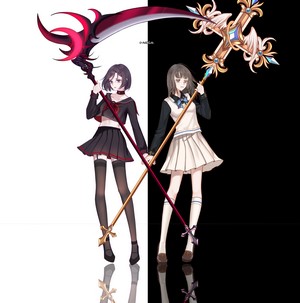 Two anime girls in school uniforms holding weapons