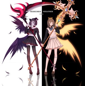Anime girls with scythe and halo