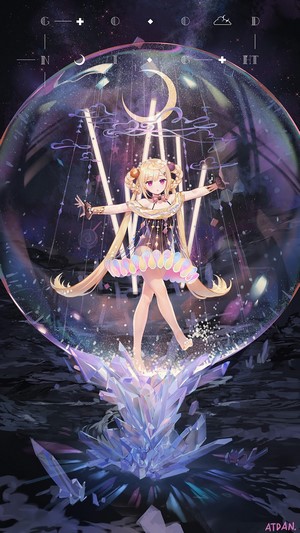 Anime girl in a crystal bubble with moon and stars