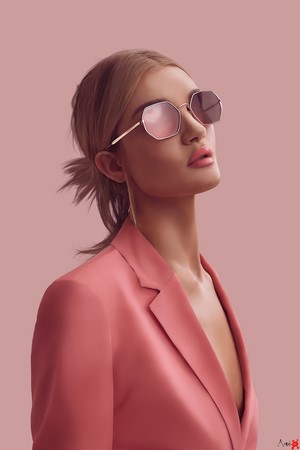 Woman wearing sunglasses and pink blazer