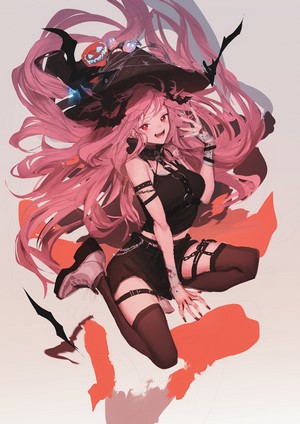 Anime witch with pink hair and pumpkin hat
