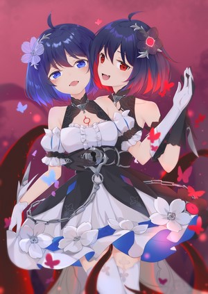 Two anime girls with blue and red hair